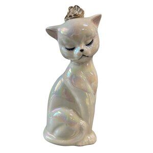Vintage Ceramic Cat Figurine Lusterware Iridescent Finish Gold Crown Headpiece